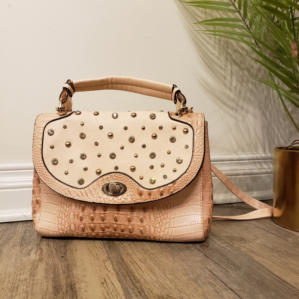 Jeweled Faux Croc Handbag